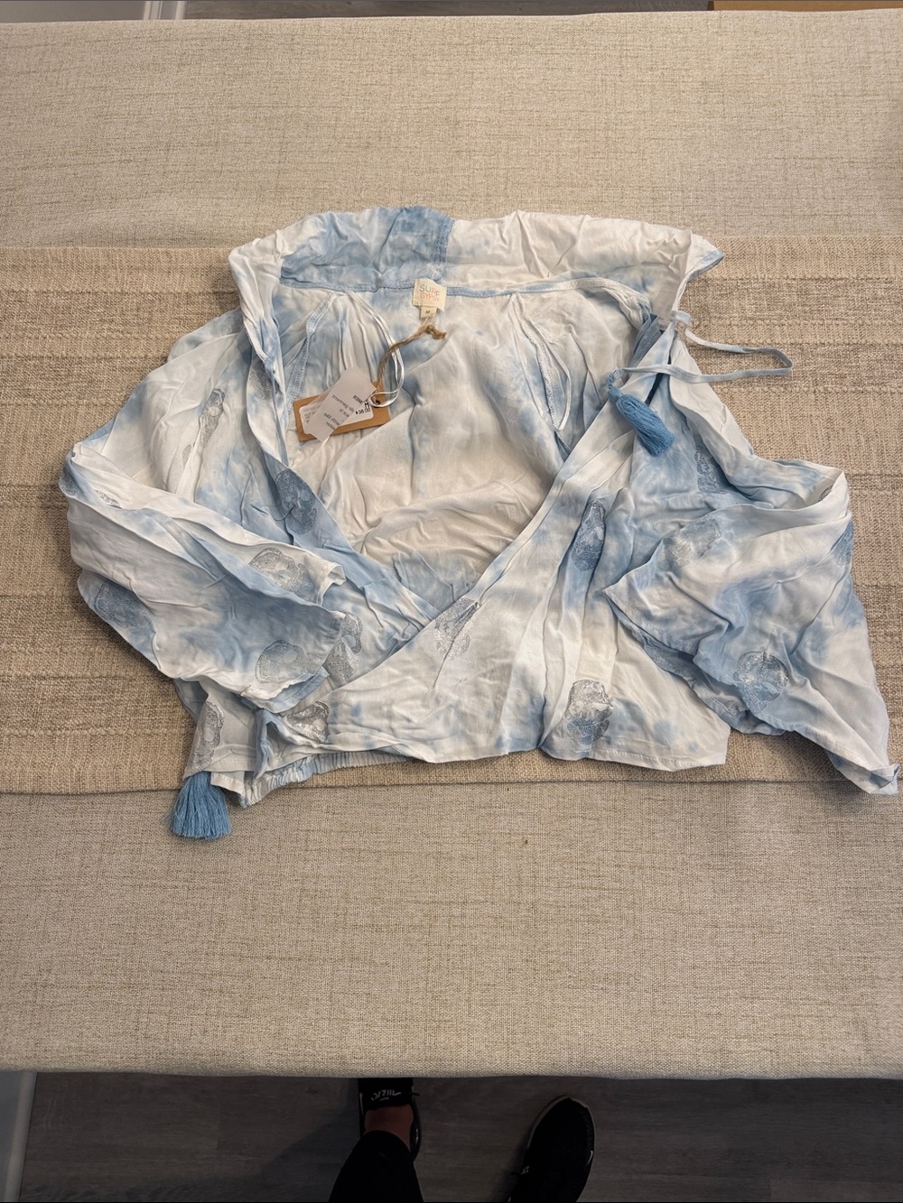 Surf Gypsy Blue and White Tie-Dye Wrap Blouse with Tassels
